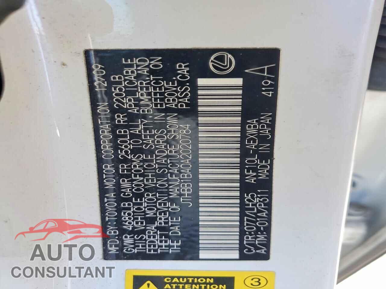 LEXUS HS 2010 - JTHBB1BA0A2020784