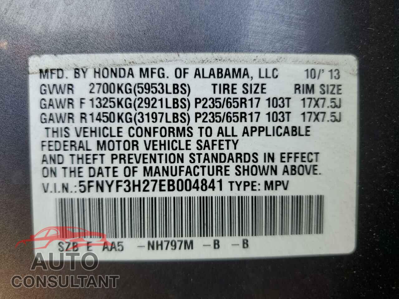 HONDA PILOT 2014 - 5FNYF3H27EB004841