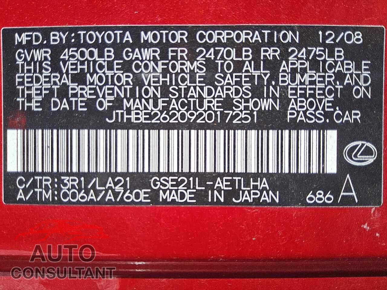 LEXUS IS 2009 - JTHBE262092017251