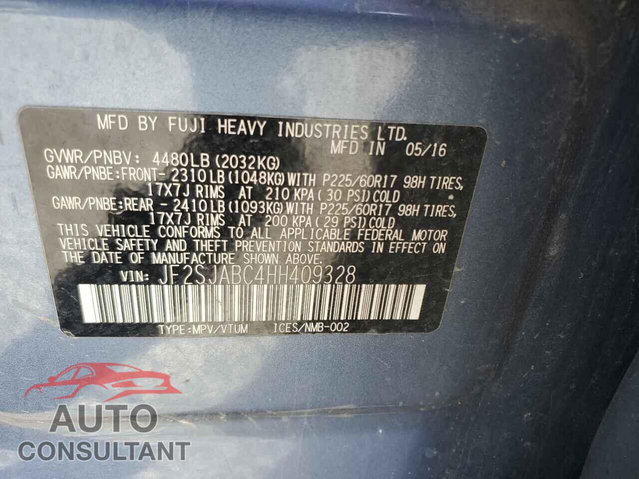 SUBARU FORESTER 2017 - JF2SJABC4HH409328