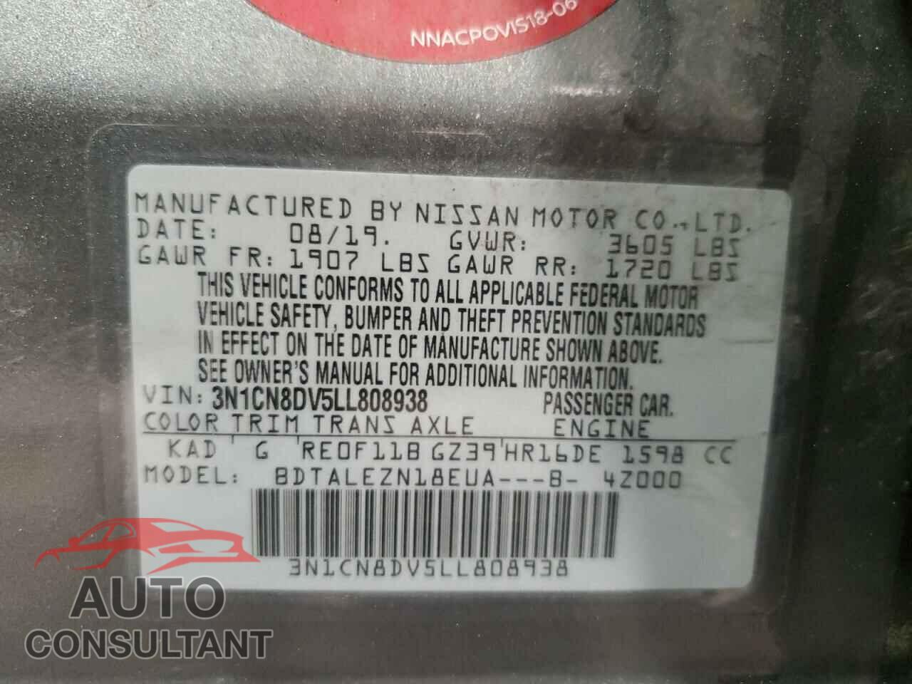 NISSAN VERSA 2020 - 3N1CN8DV5LL808938