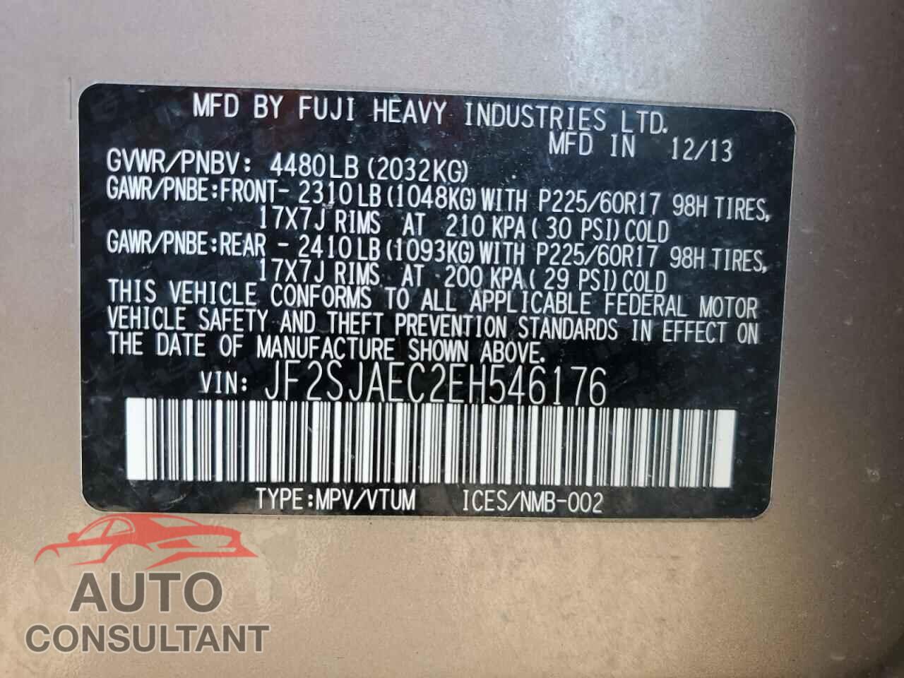 SUBARU FORESTER 2014 - JF2SJAEC2EH546176