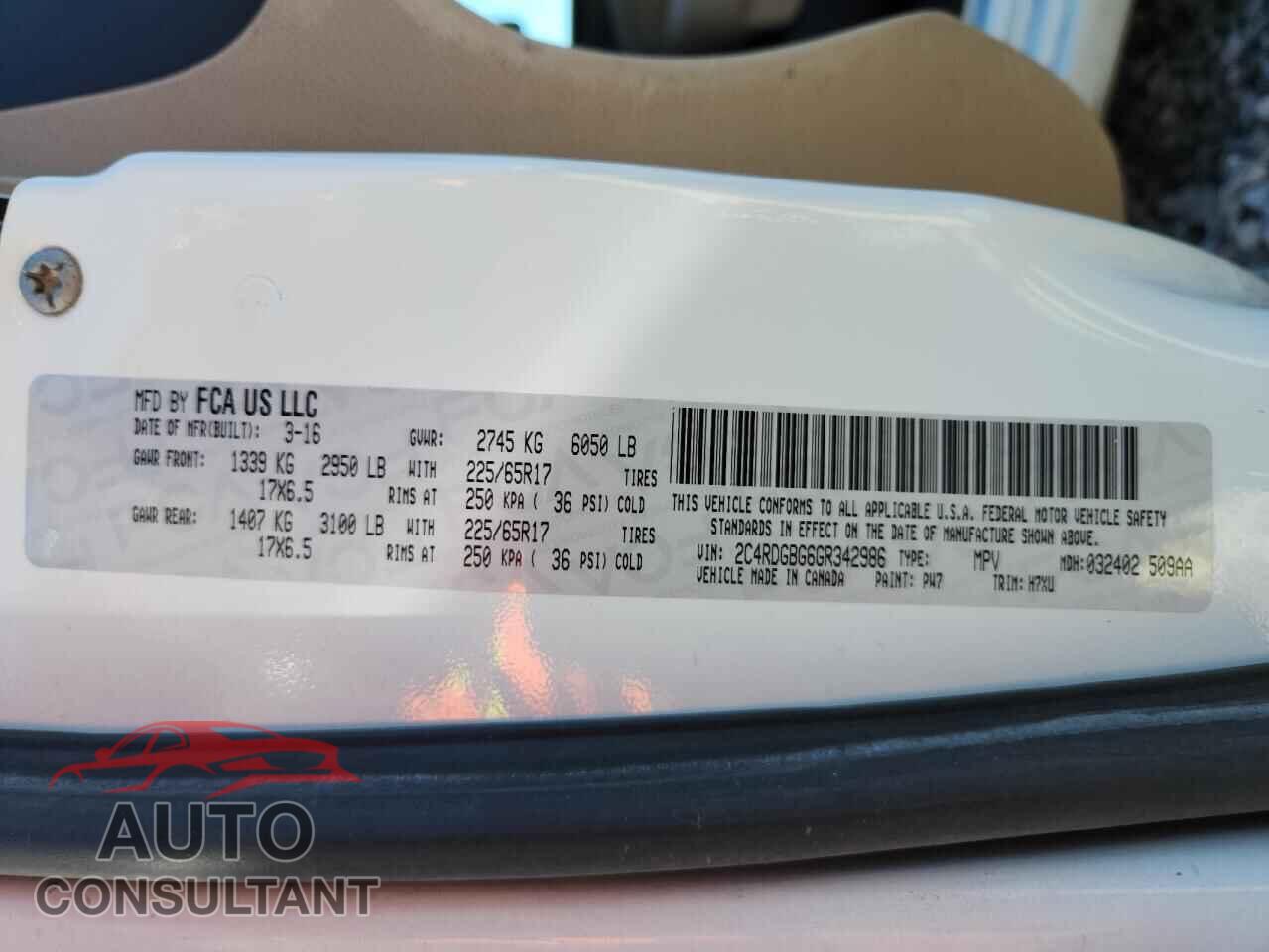 DODGE CARAVAN 2016 - 2C4RDGBG6GR342986