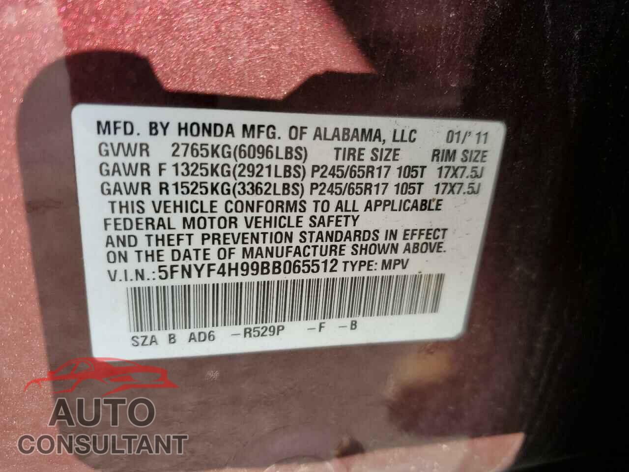 HONDA PILOT 2011 - 5FNYF4H99BB065512