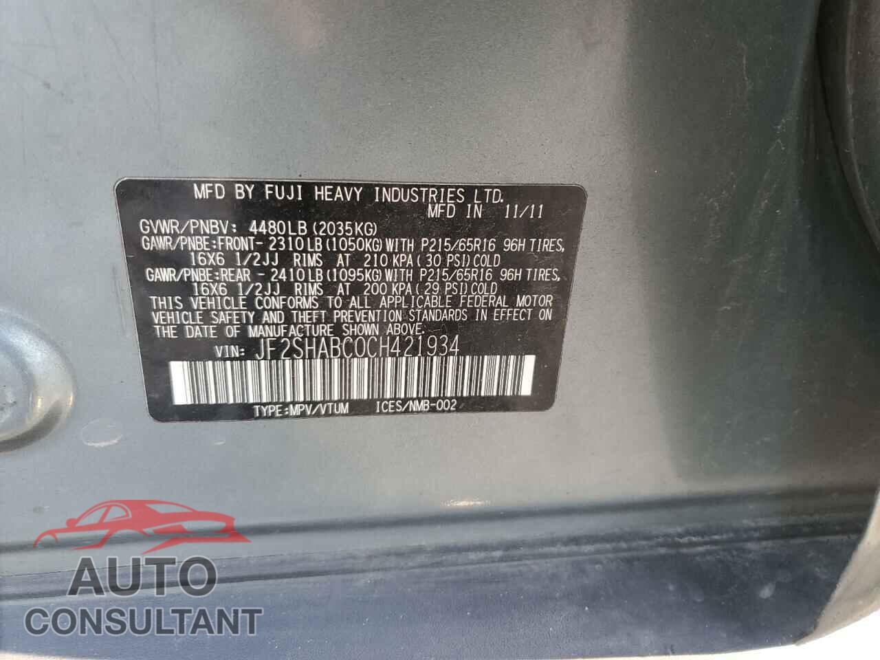 SUBARU FORESTER 2012 - JF2SHABC0CH421934