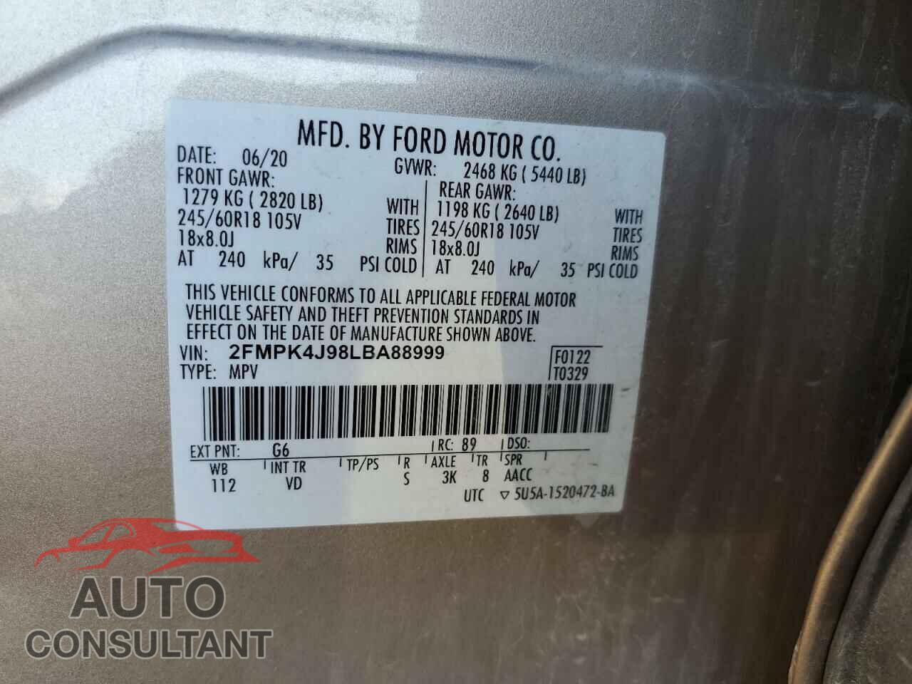FORD EDGE 2020 - 2FMPK4J98LBA88999