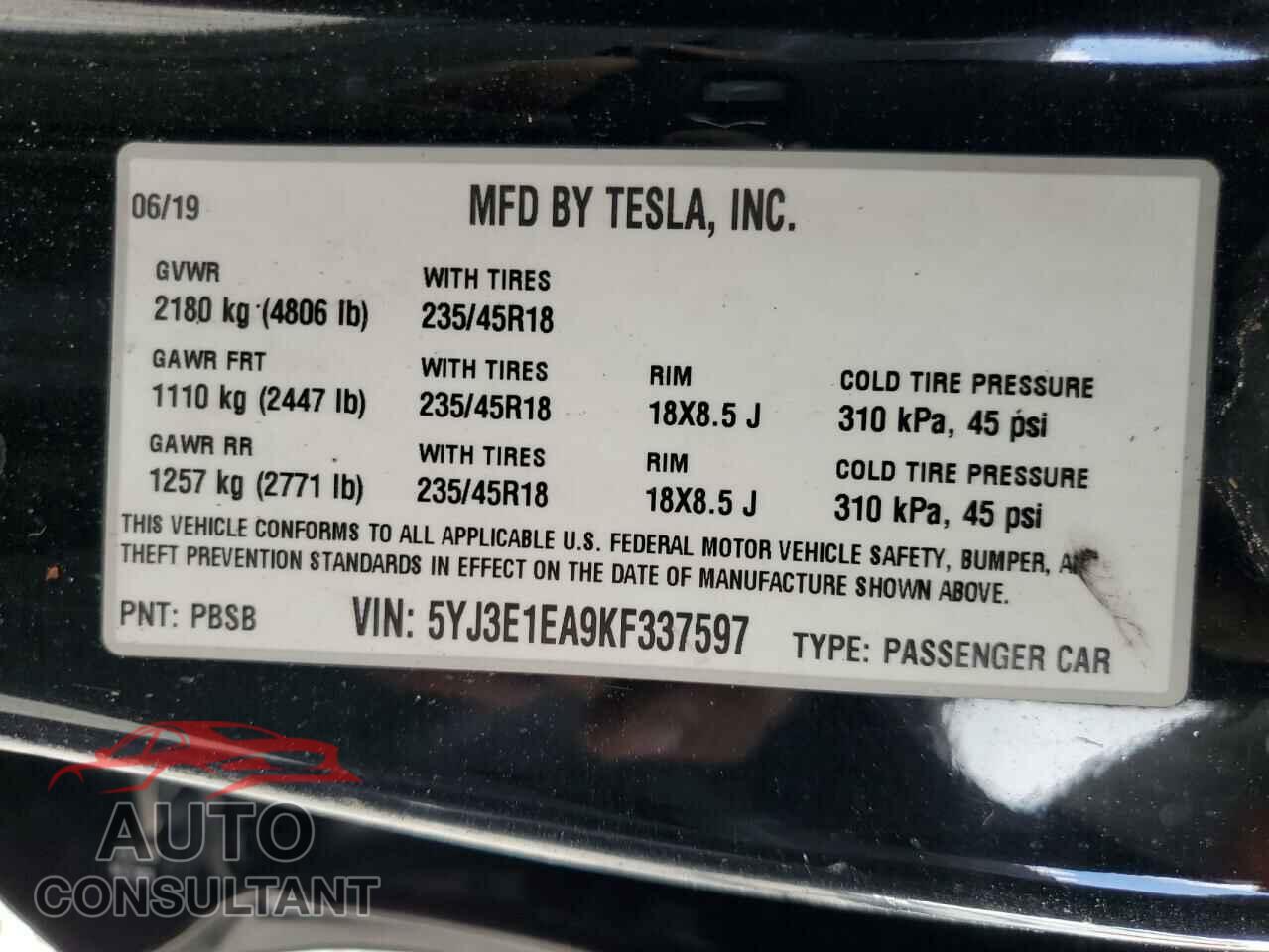 TESLA MODEL 3 2019 - 5YJ3E1EA9KF337597