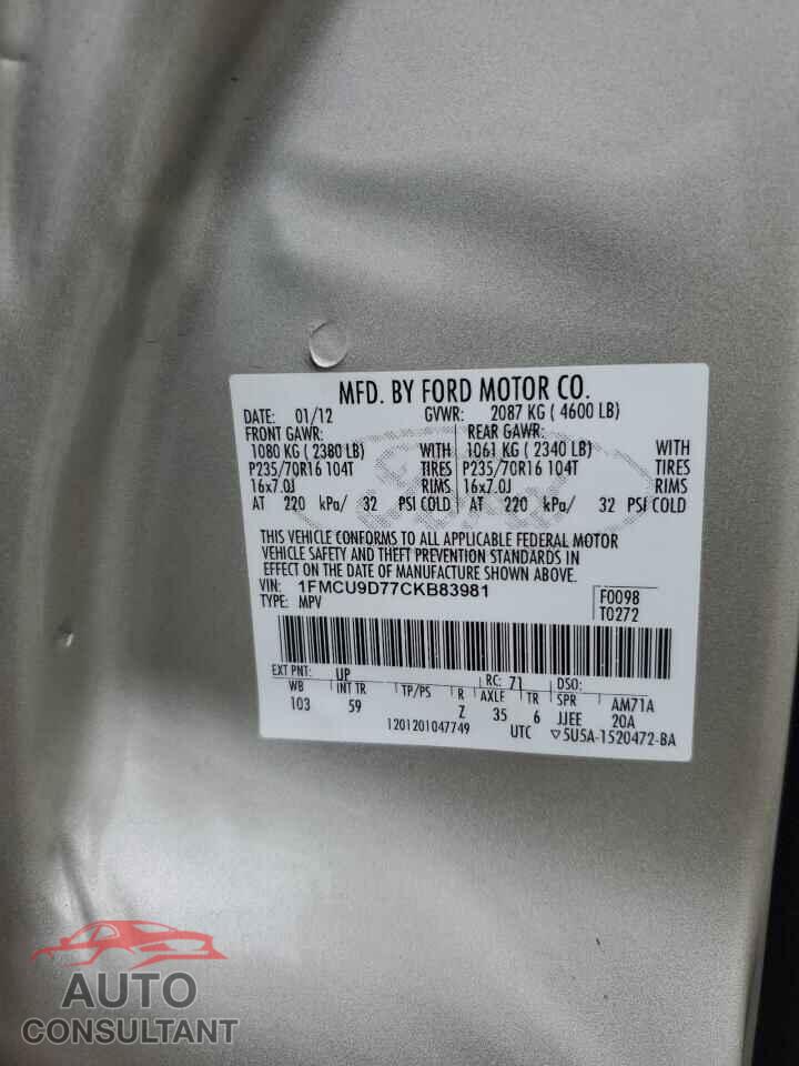 FORD ESCAPE 2012 - 1FMCU9D77CKB83981