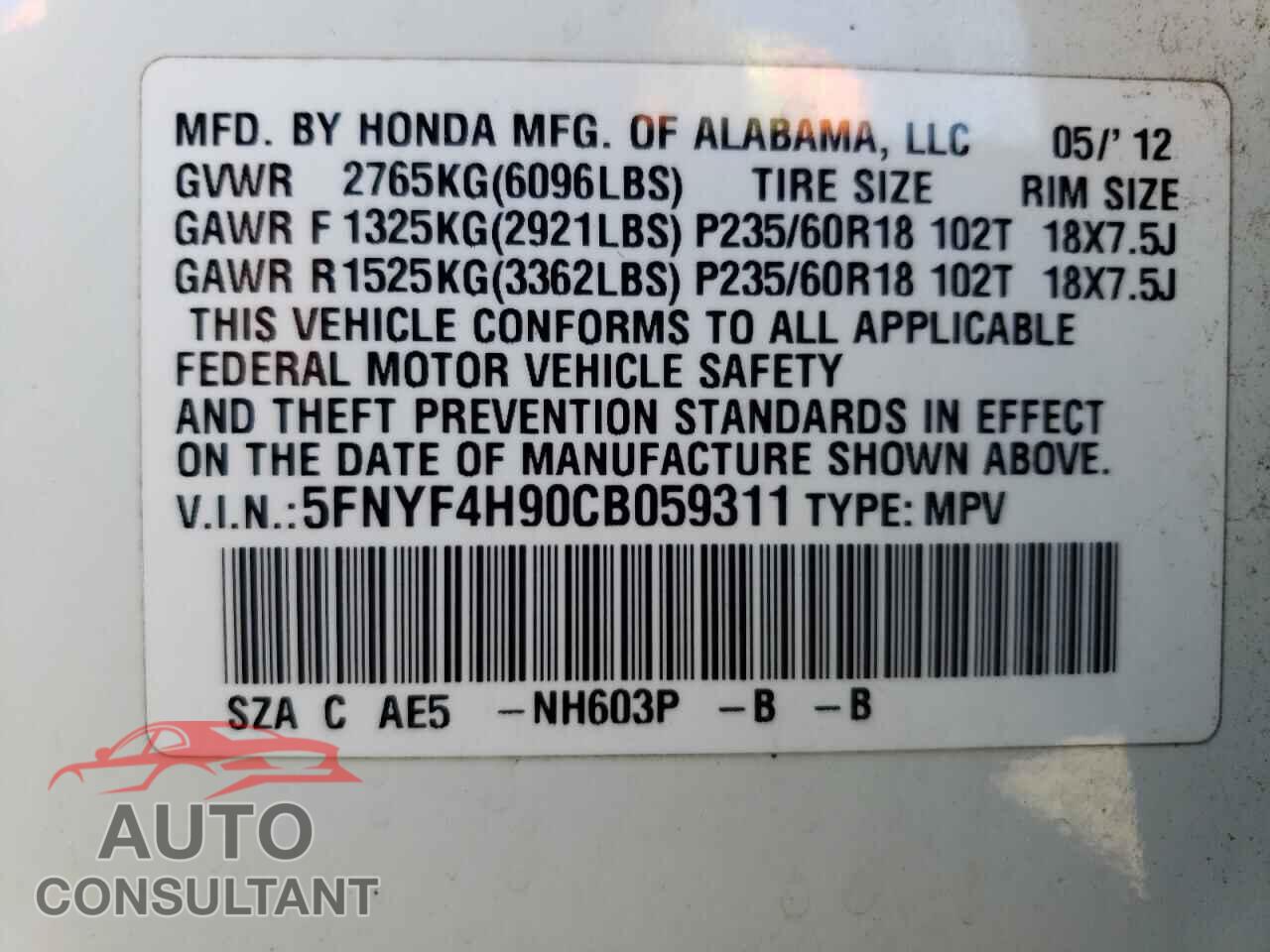 HONDA PILOT 2012 - 5FNYF4H90CB059311