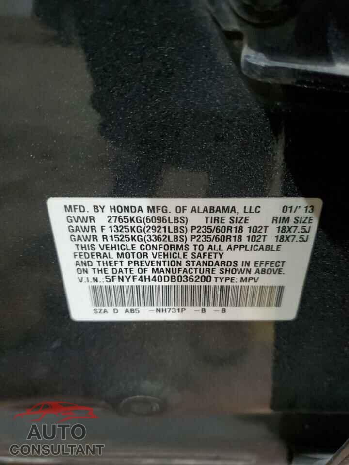 HONDA PILOT 2013 - 5FNYF4H40DB036200