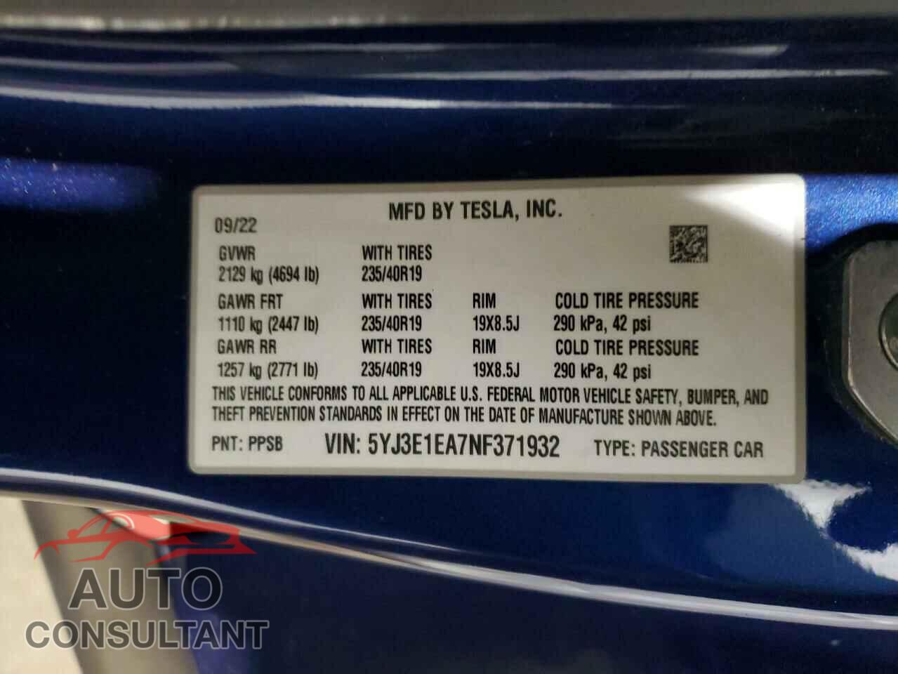 TESLA MODEL 3 2022 - 5YJ3E1EA7NF371932