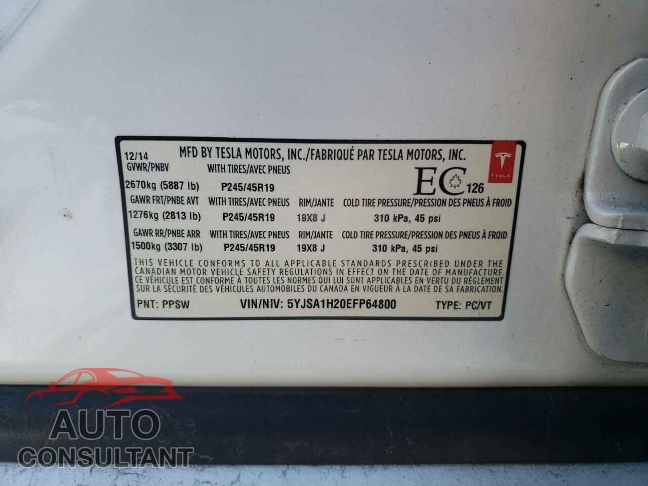 TESLA MODEL S 2014 - 5YJSA1H20EFP64800