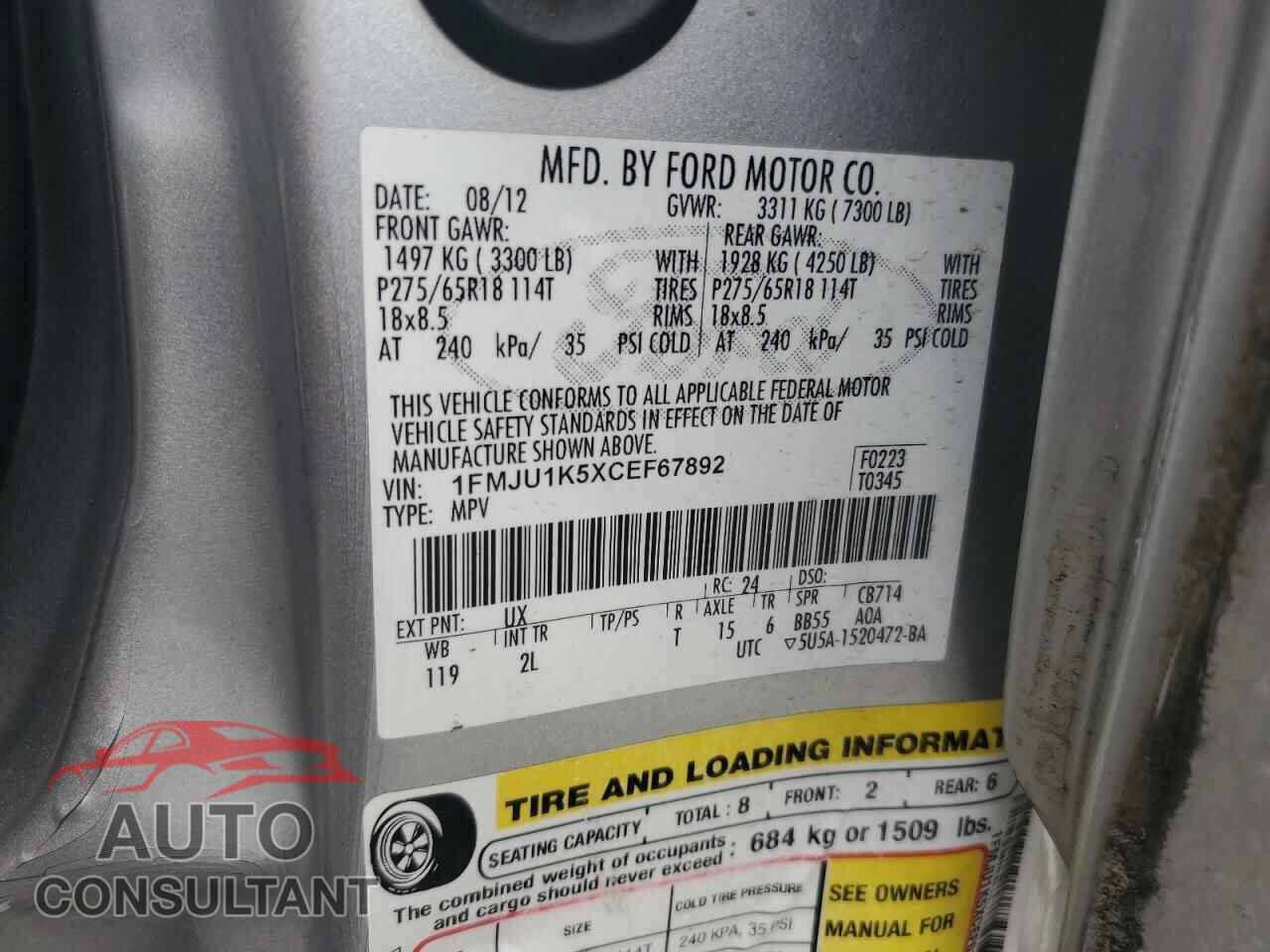 FORD EXPEDITION 2012 - 1FMJU1K5XCEF67892