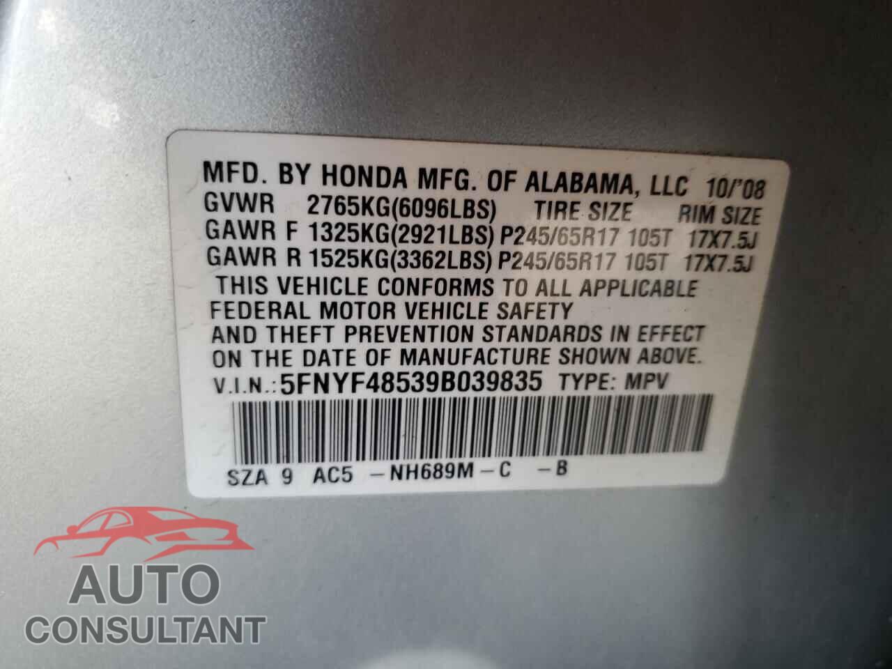 HONDA PILOT 2009 - 5FNYF48539B039835