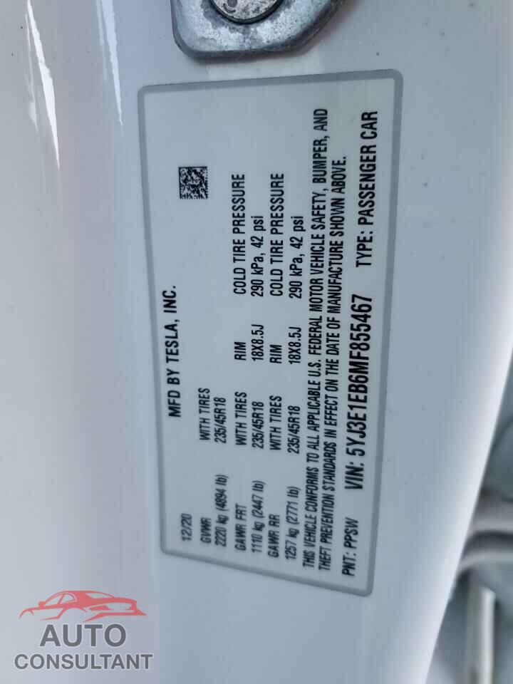 TESLA MODEL 3 2021 - 5YJ3E1EB6MF855467