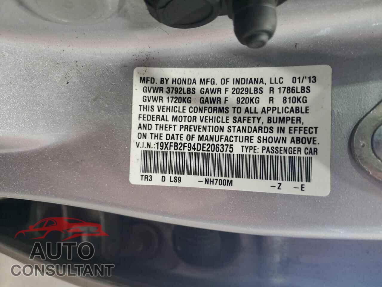 HONDA CIVIC 2013 - 19XFB2F94DE206375