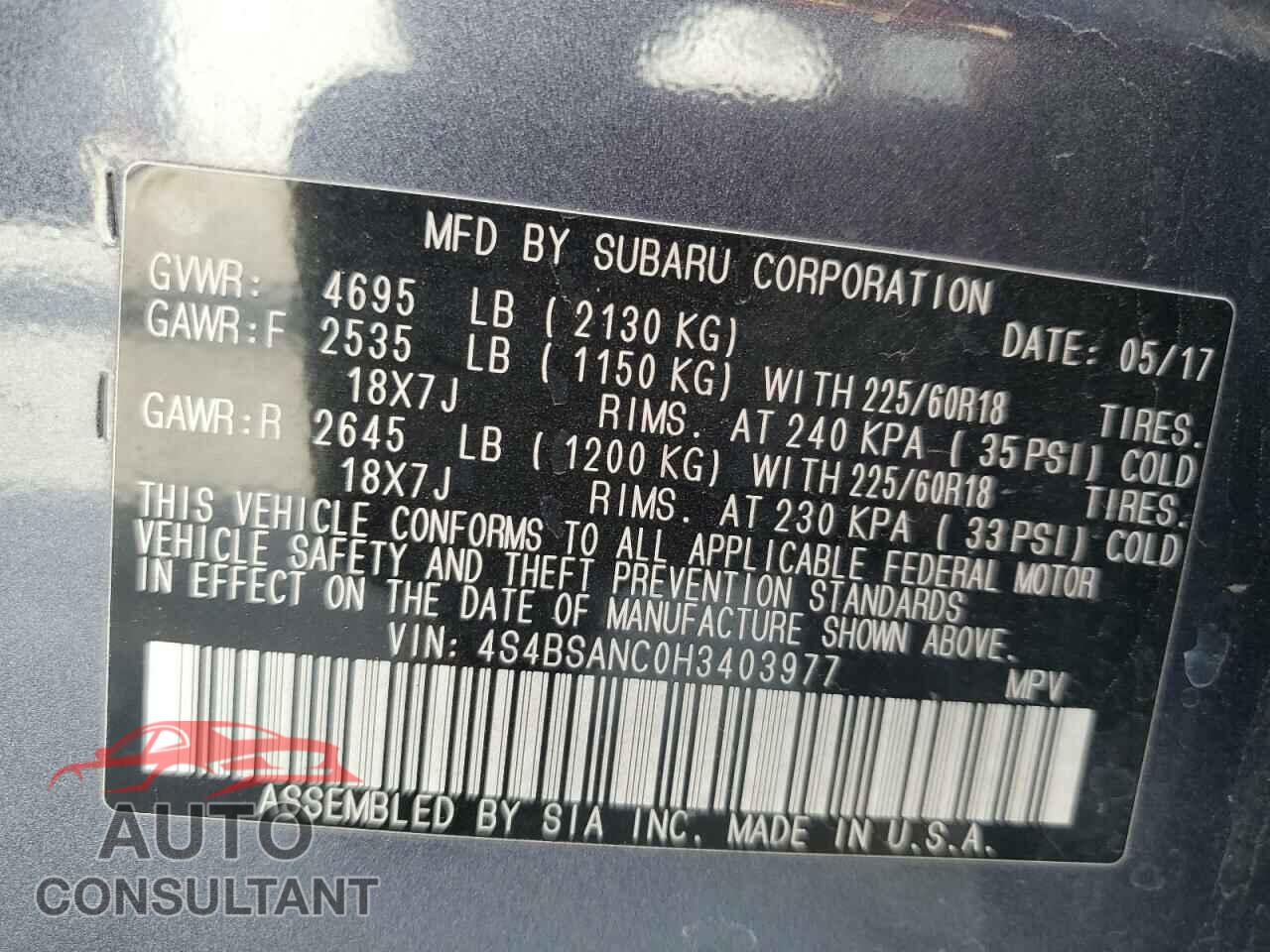 SUBARU OUTBACK 2017 - 4S4BSANC0H3403977