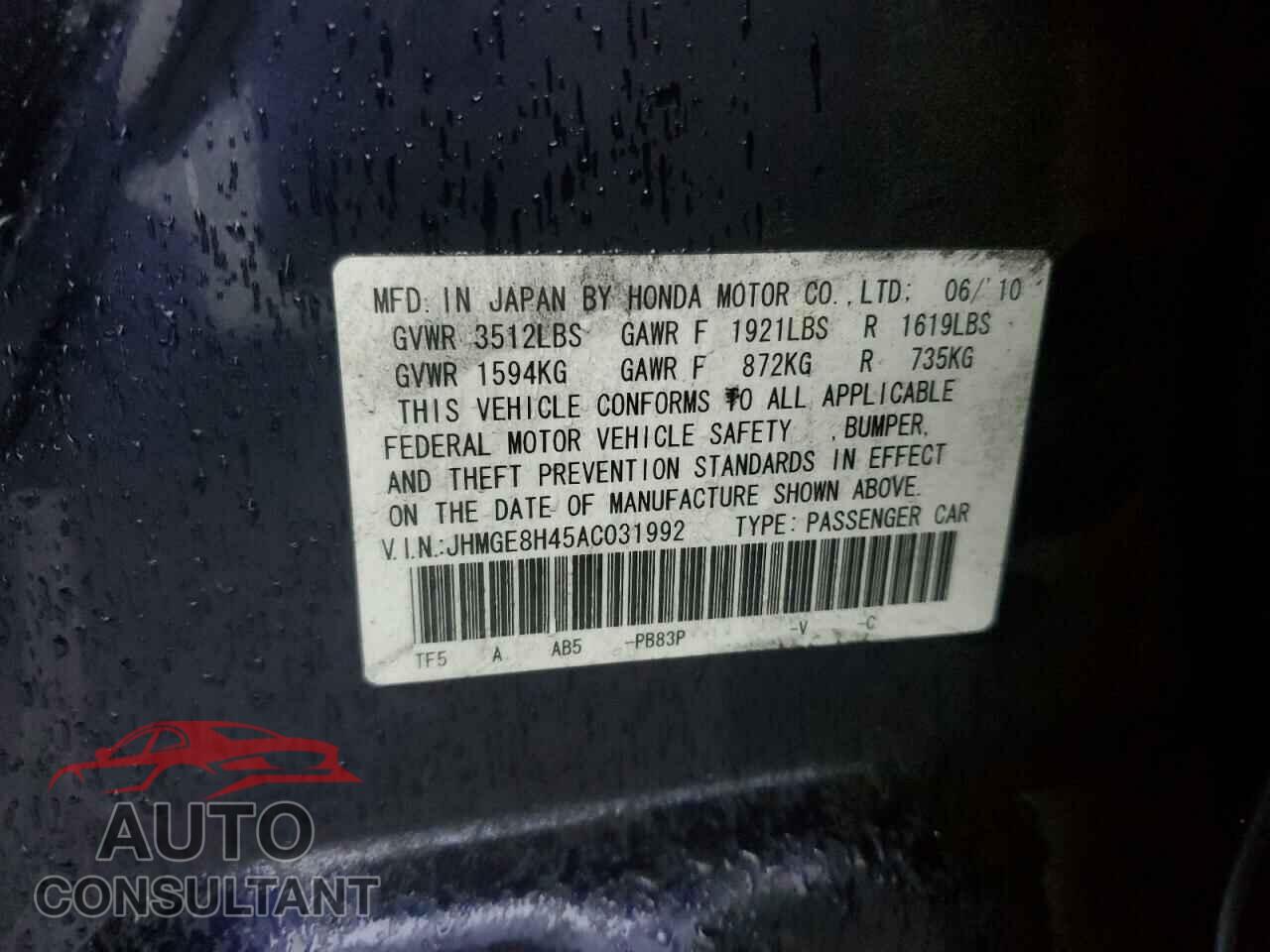 HONDA FIT 2010 - JHMGE8H45AC031992