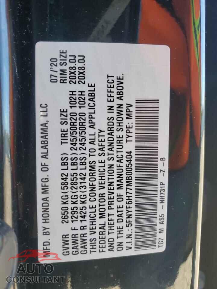 HONDA PILOT 2021 - 5FNYF6H77MB005404