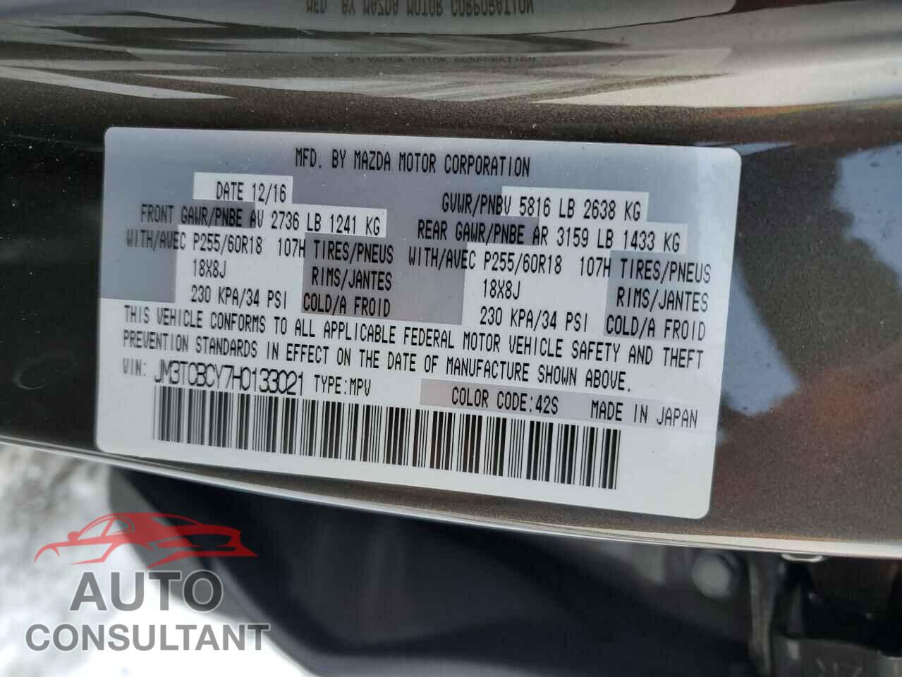 MAZDA CX-9 2017 - JM3TCBCY7H0133021