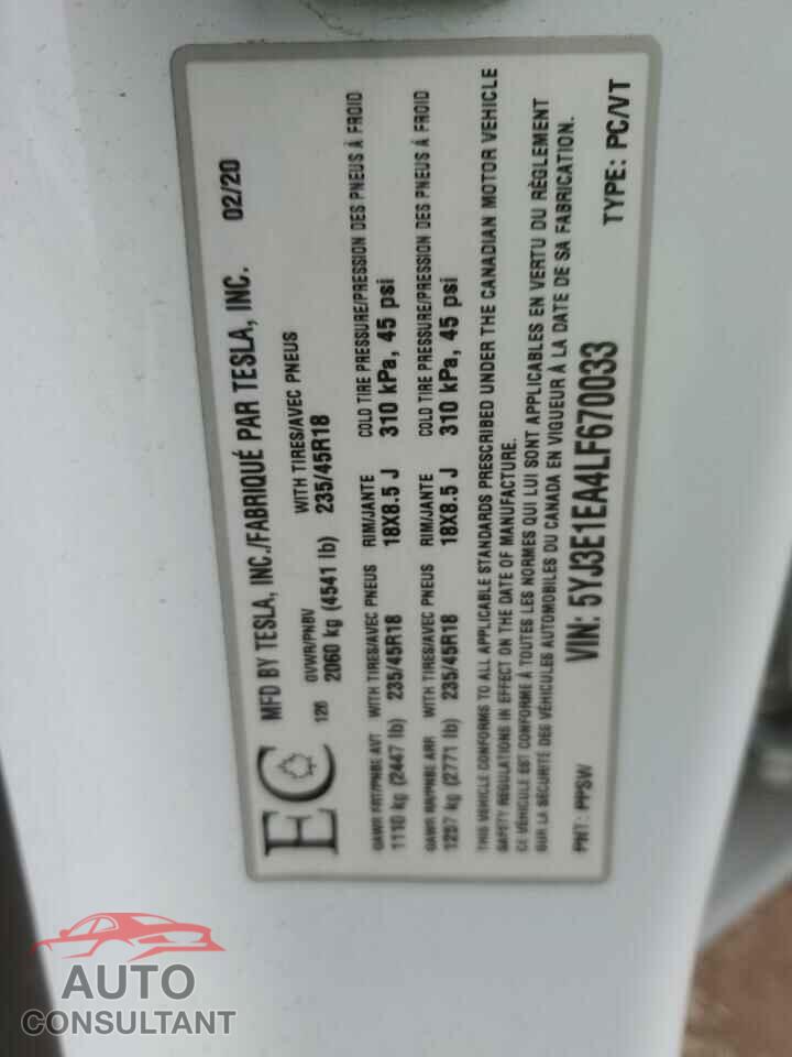 TESLA MODEL 3 2020 - 5YJ3E1EA4LF670033