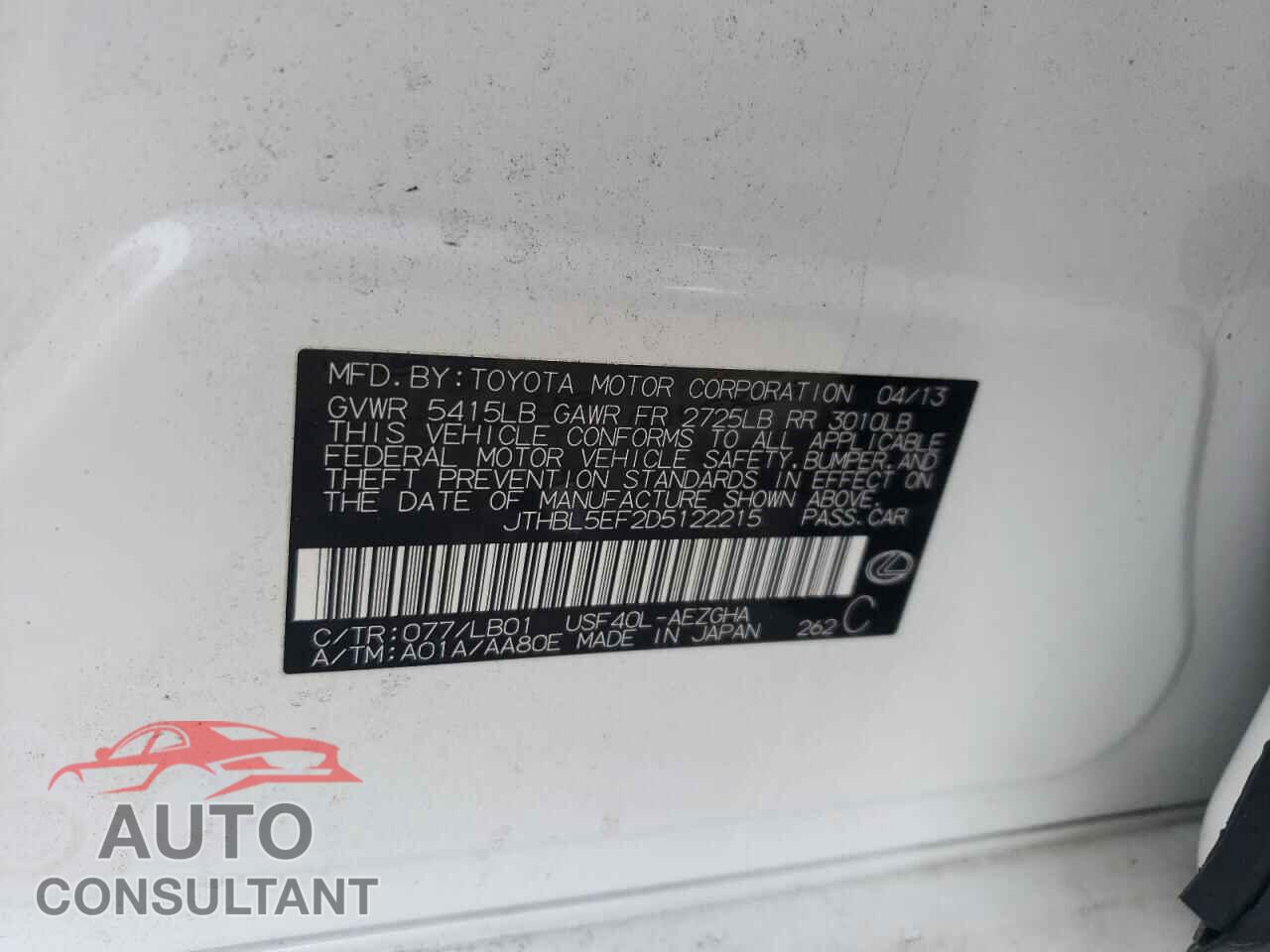 LEXUS LS460 2013 - JTHBL5EF2D5122215