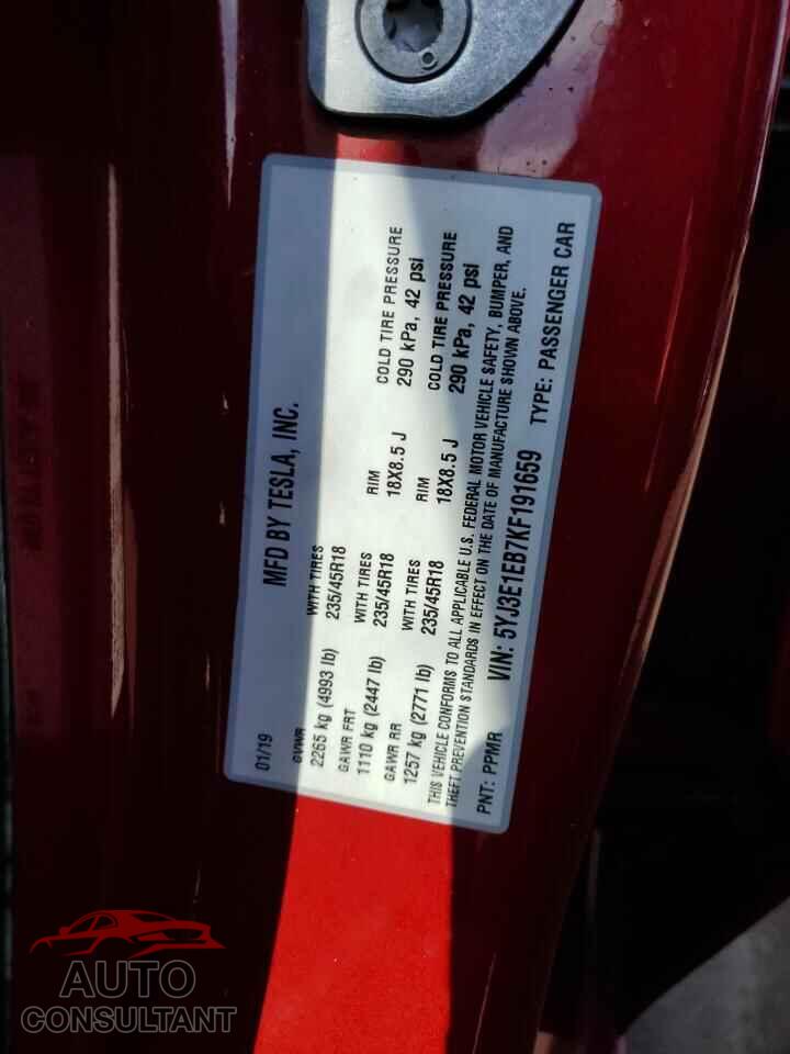 TESLA MODEL 3 2019 - 5YJ3E1EB7KF191659