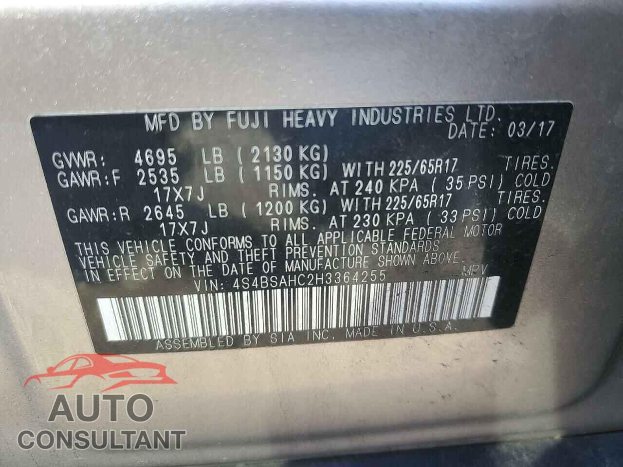SUBARU OUTBACK 2017 - 4S4BSAHC2H3364255