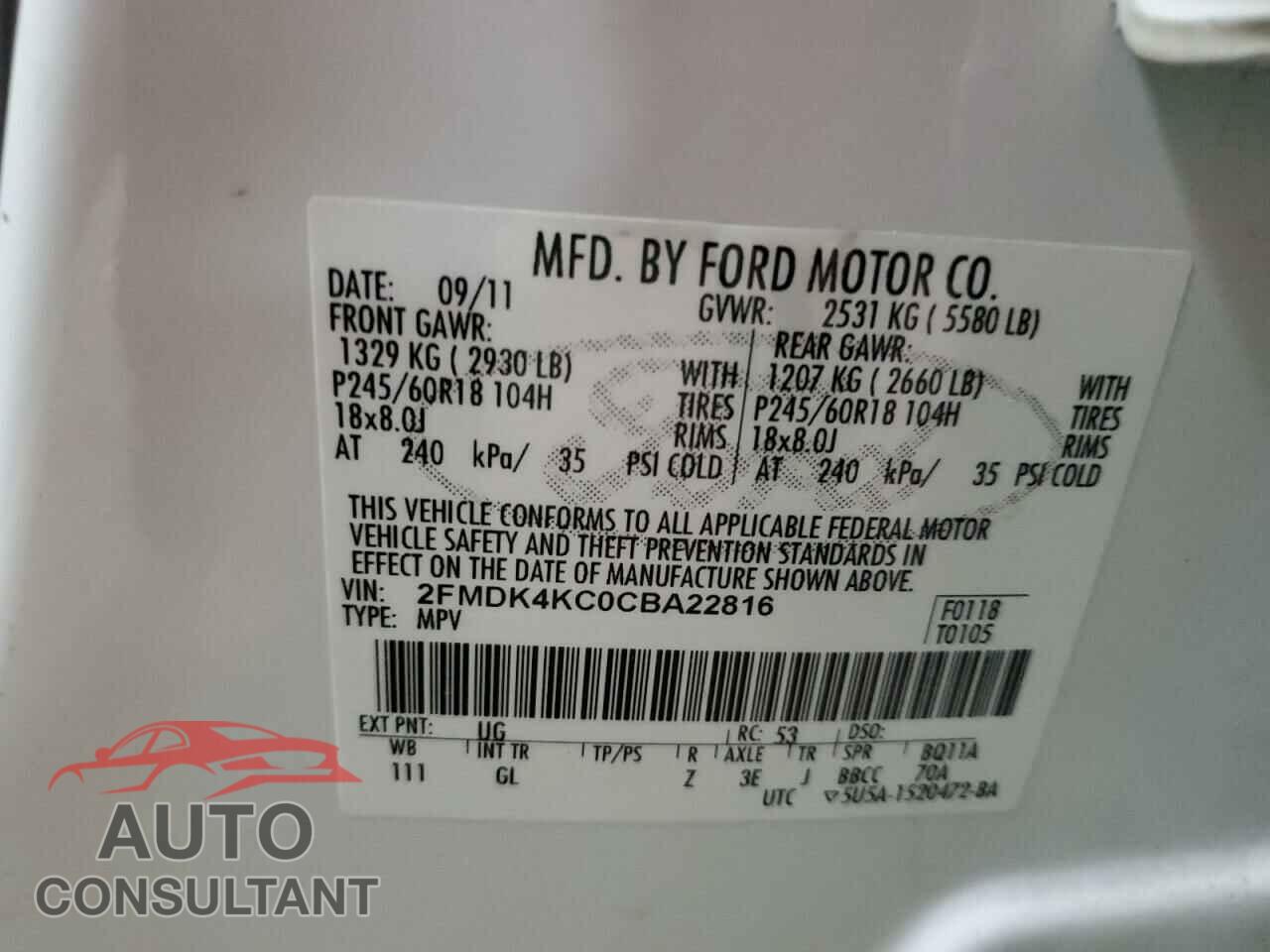 FORD EDGE 2012 - 2FMDK4KC0CBA22816