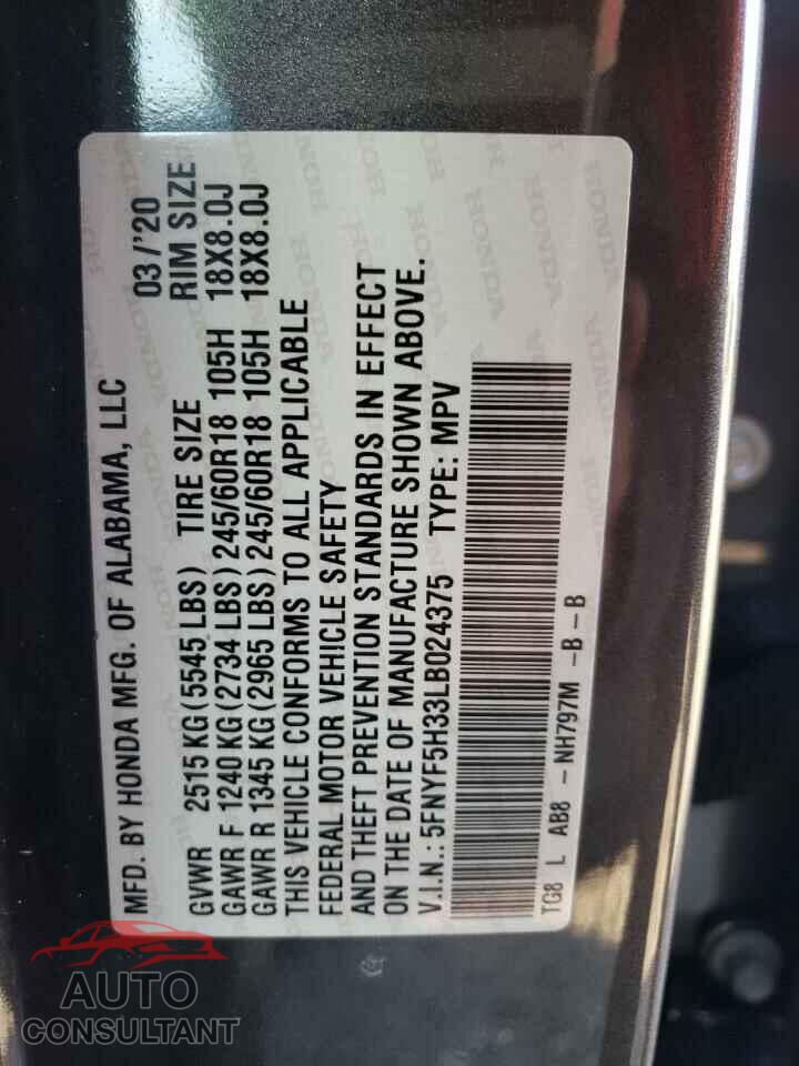 HONDA PILOT 2020 - 5FNYF5H33LB024375