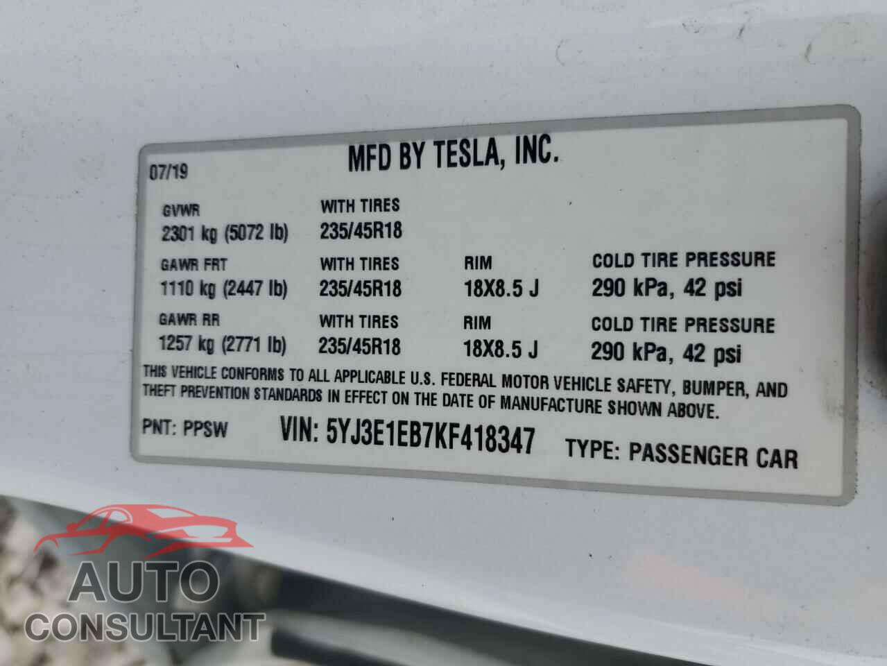 TESLA MODEL 3 2019 - 5YJ3E1EB7KF418347