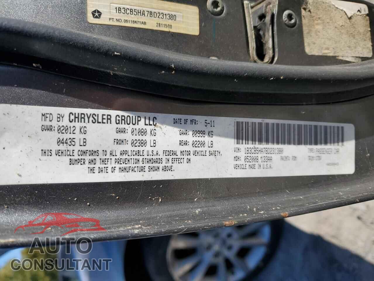 DODGE CALIBER 2011 - 1B3CB5HA7BD231380
