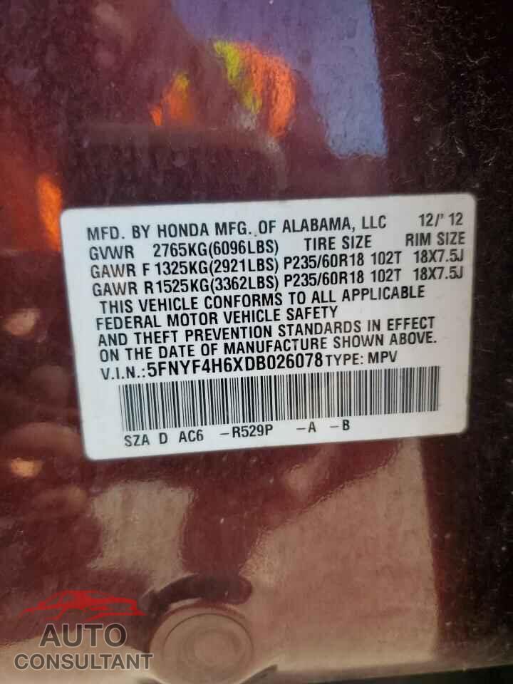 HONDA PILOT 2013 - 5FNYF4H6XDB026078