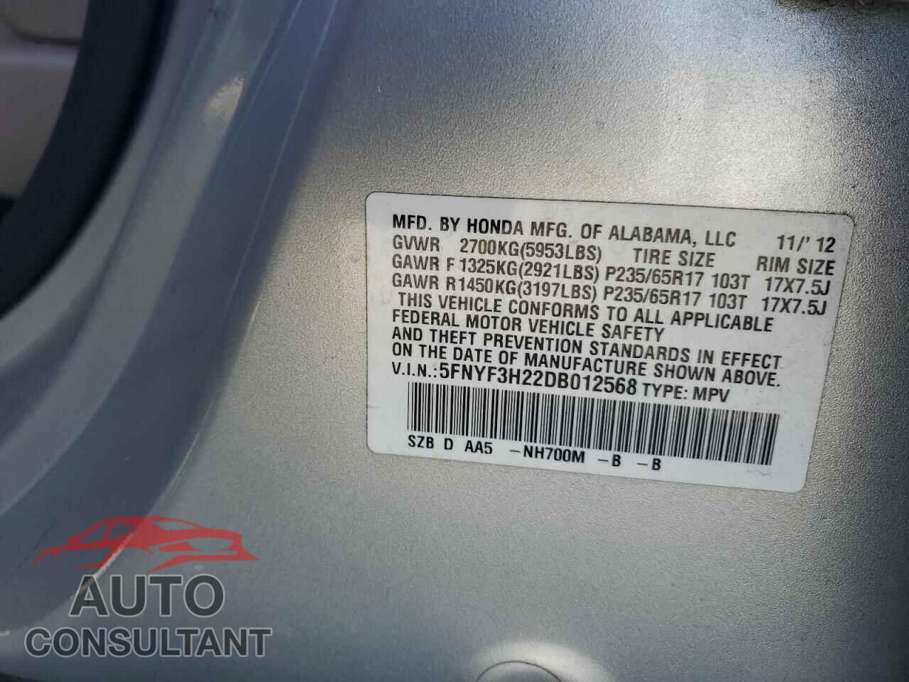 HONDA PILOT 2013 - 5FNYF3H22DB012568