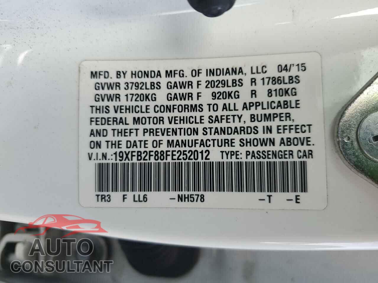 HONDA CIVIC 2015 - 19XFB2F88FE252012