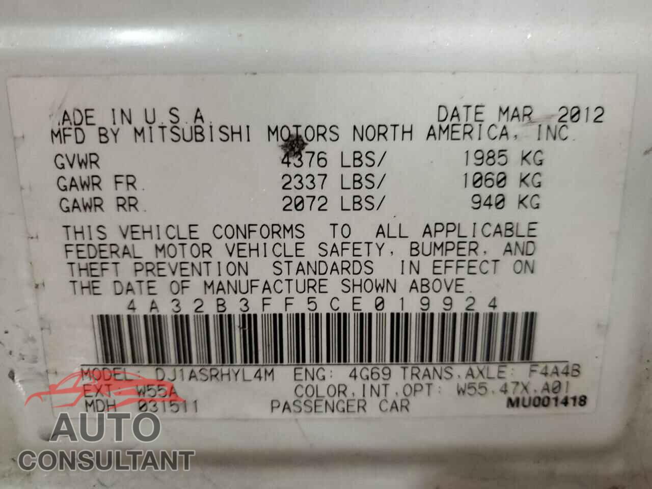 MITSUBISHI GALANT 2012 - 4A32B3FF5CE019924