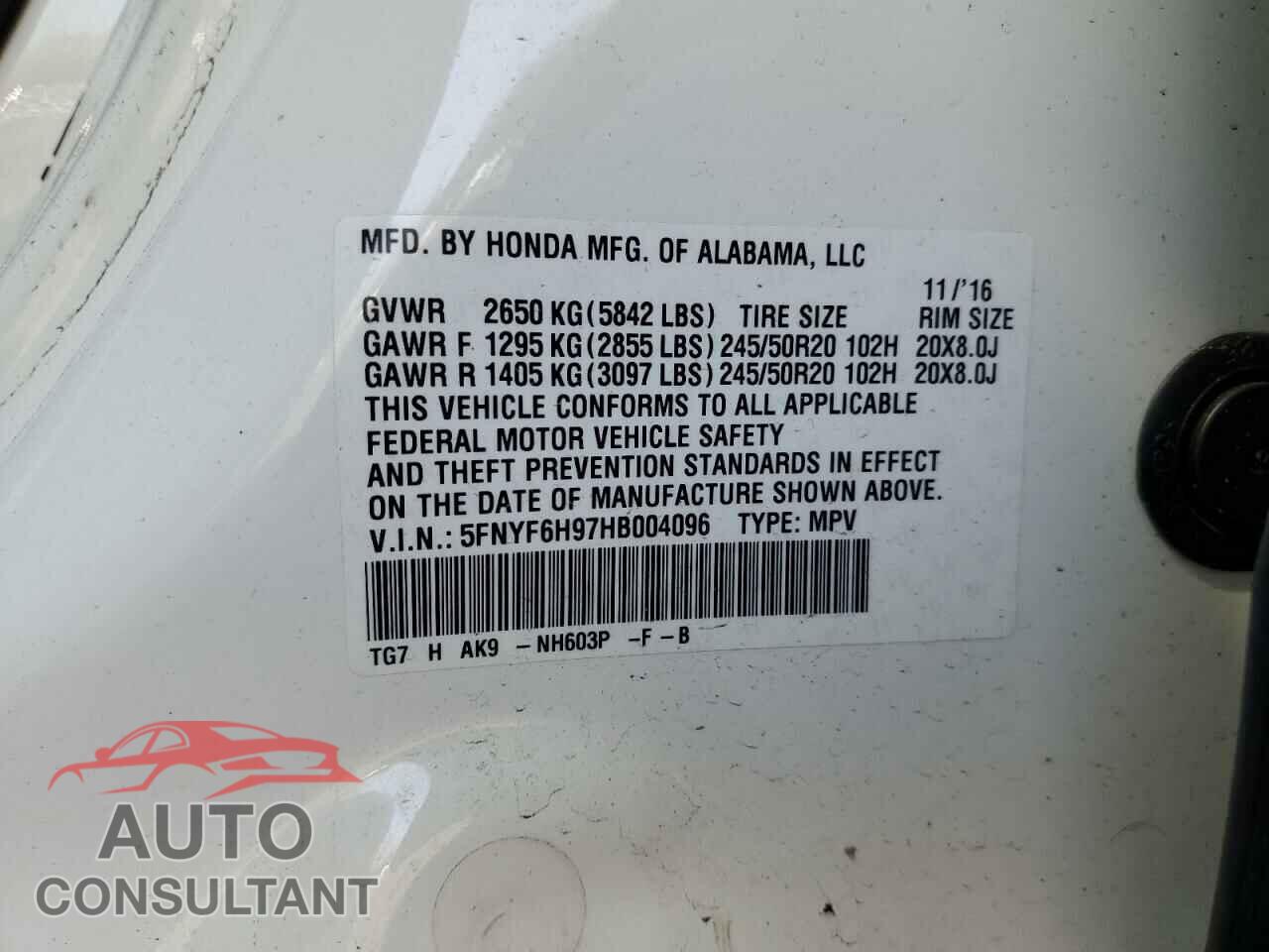 HONDA PILOT 2017 - 5FNYF6H97HB004096