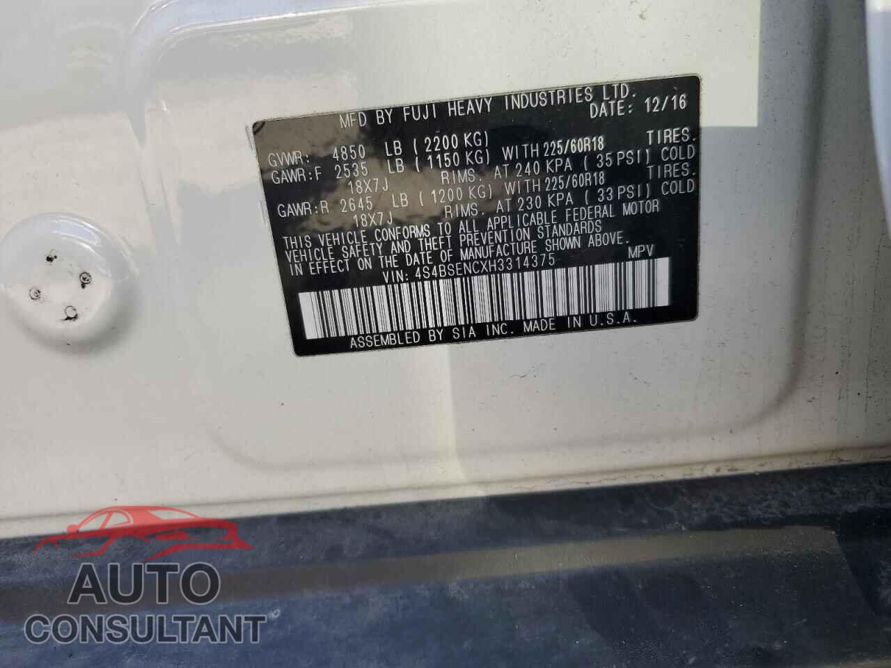 SUBARU OUTBACK 2017 - 4S4BSENCXH3314375