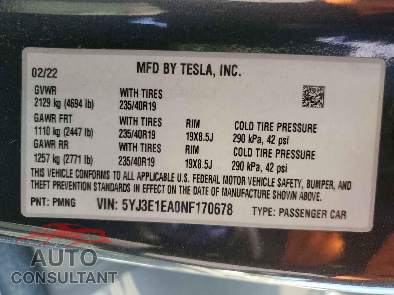 TESLA MODEL 3 2022 - 5YJ3E1EA0NF170678