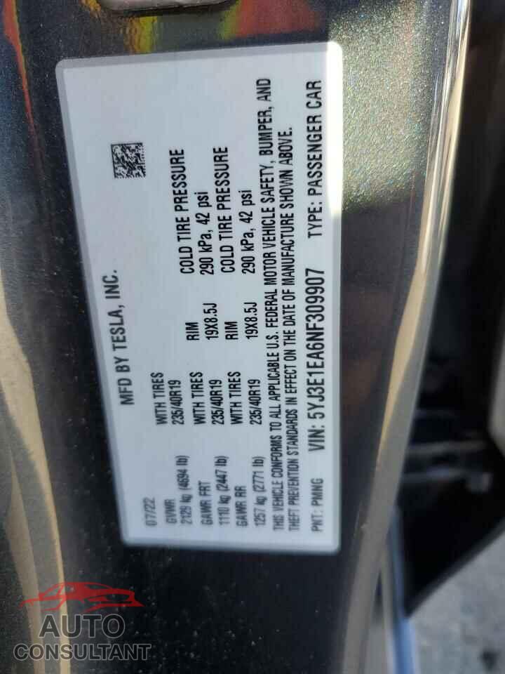 TESLA MODEL 3 2022 - 5YJ3E1EA6NF309907