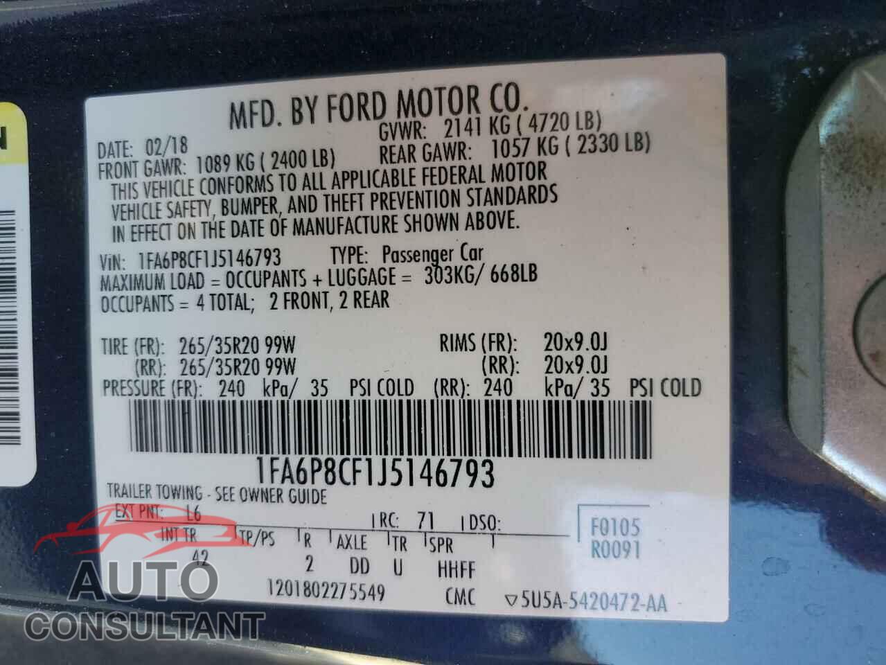 FORD MUSTANG 2018 - 1FA6P8CF1J5146793