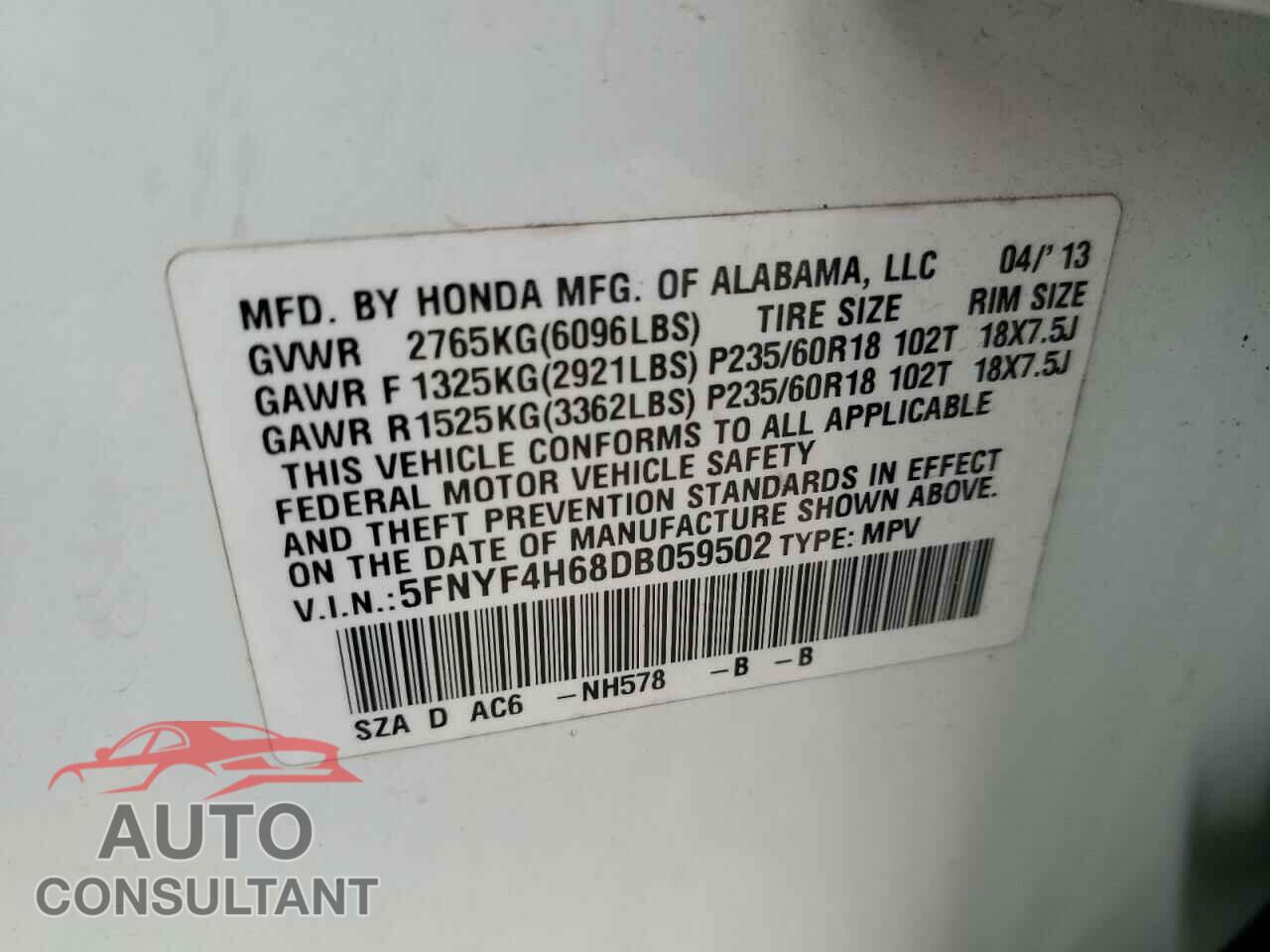 HONDA PILOT 2013 - 5FNYF4H68DB059502