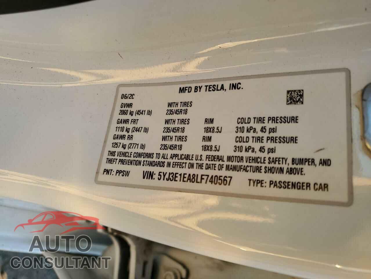 TESLA MODEL 3 2020 - 5YJ3E1EA8LF740567