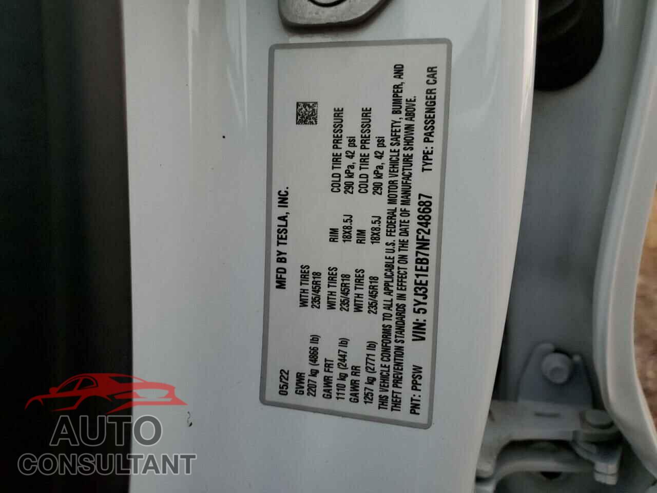 TESLA MODEL 3 2022 - 5YJ3E1EB7NF248687