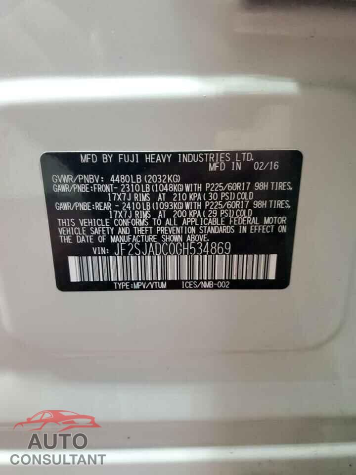 SUBARU FORESTER 2016 - JF2SJADC0GH534869
