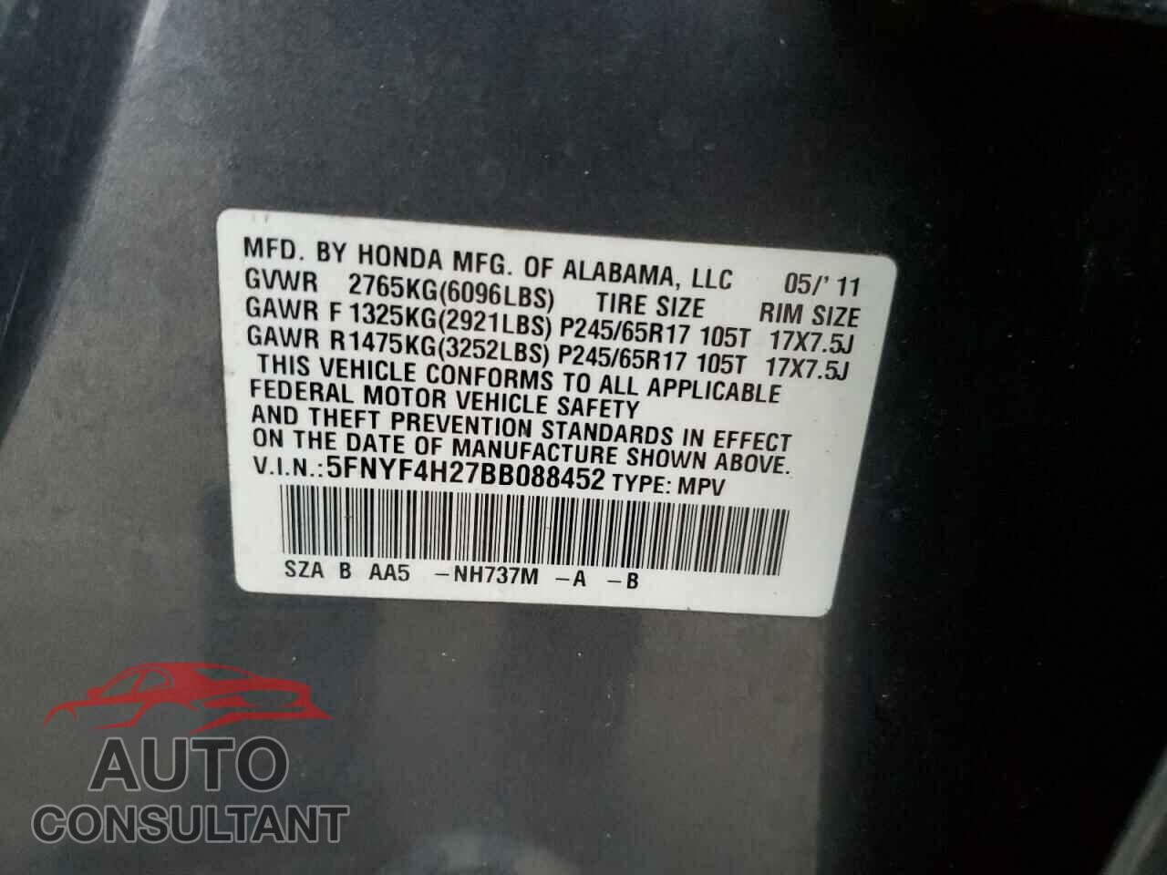HONDA PILOT 2011 - 5FNYF4H27BB088452