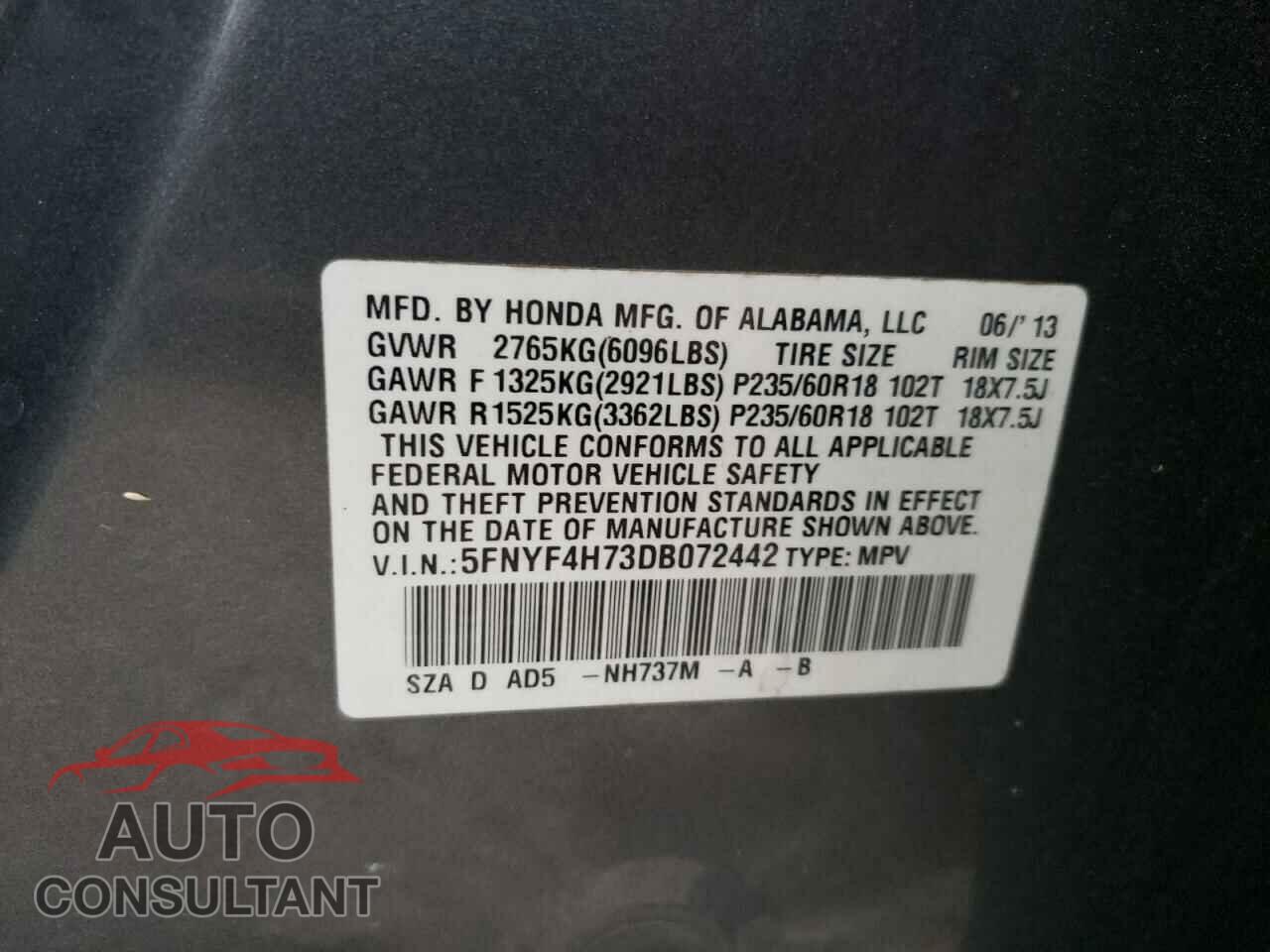 HONDA PILOT 2013 - 5FNYF4H73DB072442