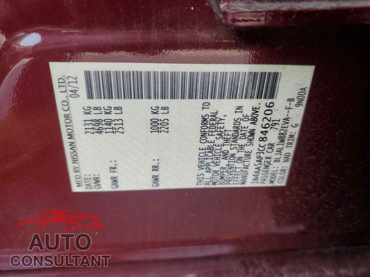 NISSAN MAXIMA 2012 - 1N4AA5AP3CC846206