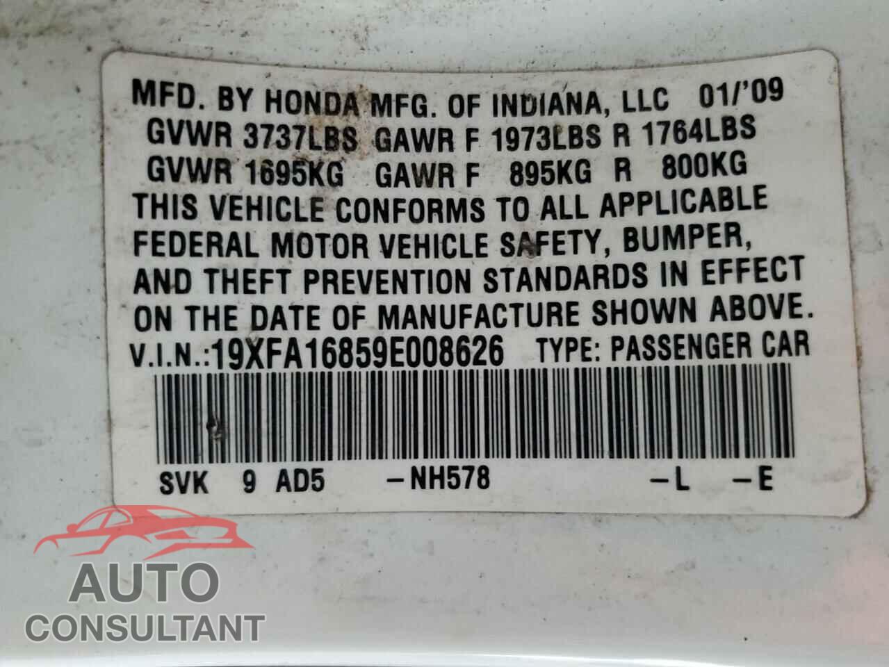 HONDA CIVIC 2009 - 19XFA16859E008626