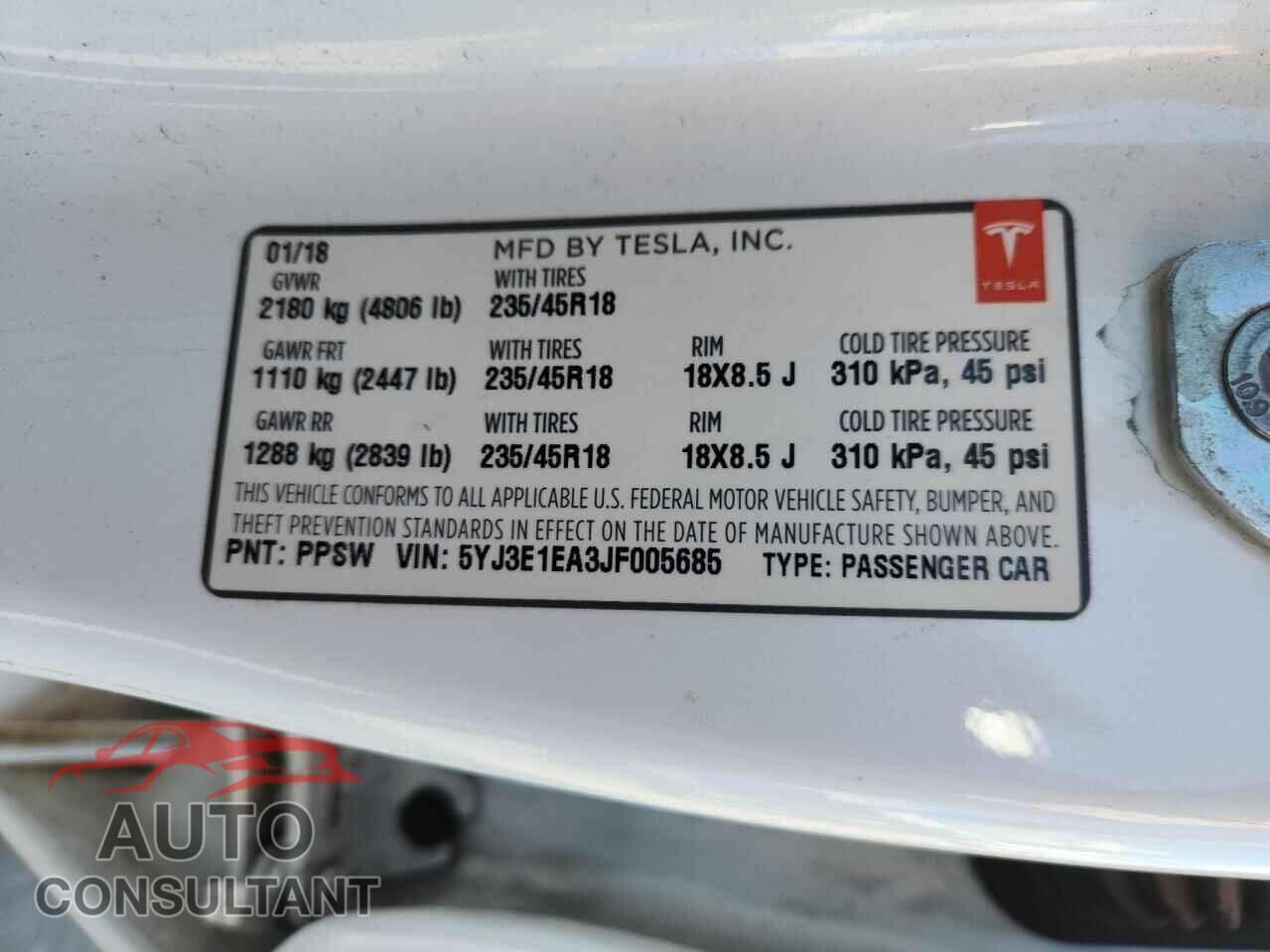 TESLA MODEL 3 2018 - 5YJ3E1EA3JF005685